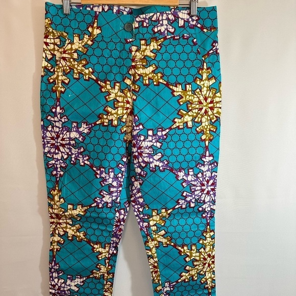 Ankara Womens Pants Straight Leg Button Zipper Closure Pockets Blue Purple Tan - Picture 4 of 10